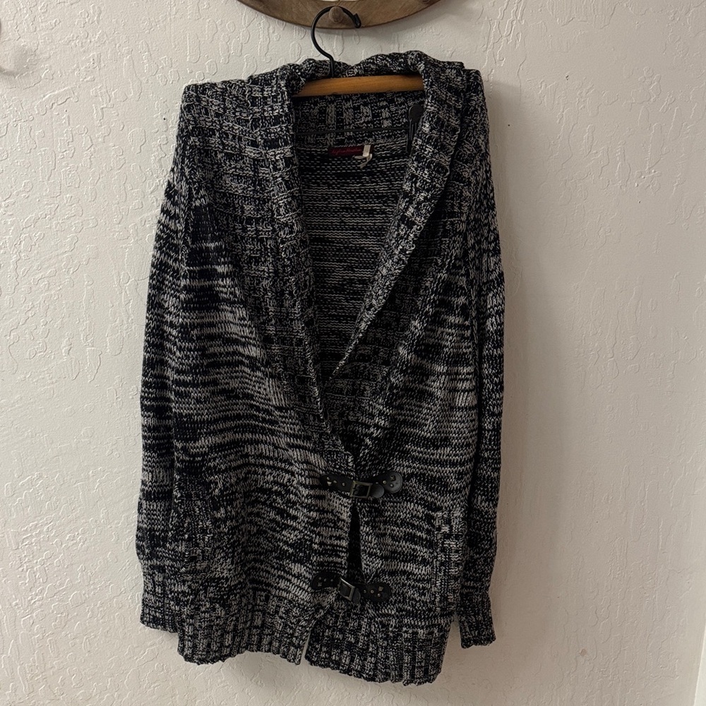 Left on Houston Buckle Closure Black White Knit Fold Over Cardigan Pockets M